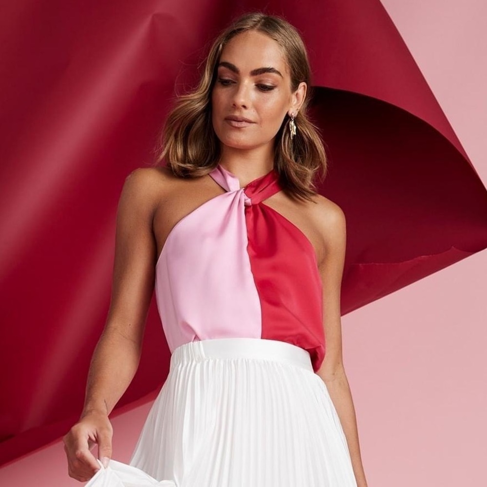 PORTMANS Spliced Pink Red Satin Halter Neck Top Blouse NWT - Picture 1 of 11